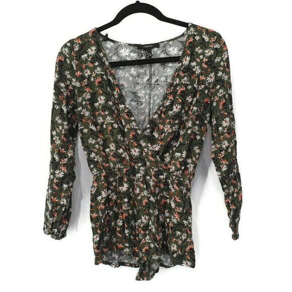 F21 Green Floral V Neck Boho Festival Romper S - Picture 1 of 6